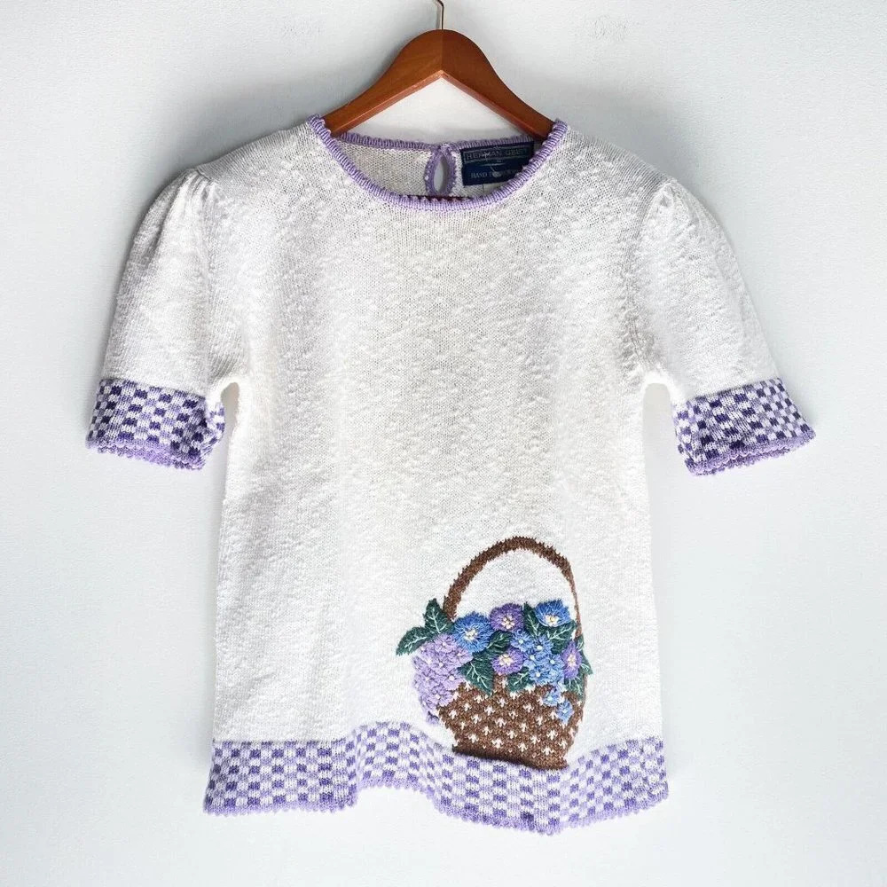 Vintage Herman Geist White Cotton Floral Embroidered Short Sleeve Knit Top M